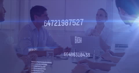 Co-workers Discussing Digital Data in Futuristic Office