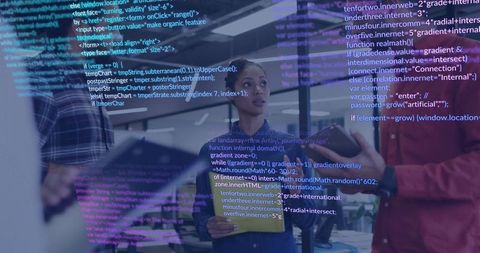 Engineer Holding Tablet with Code Overlay in Innovative Workspace