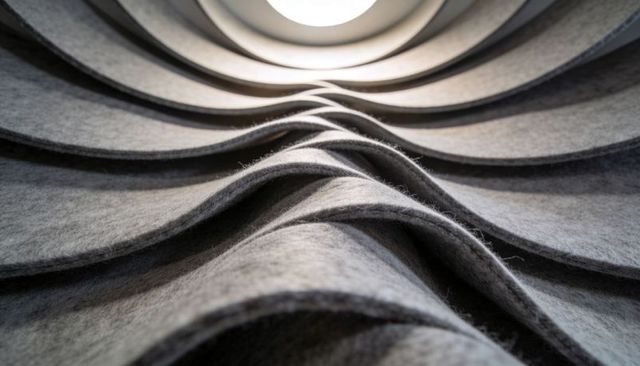 Gray felt acoustic panels spiraling toward circular skylight in modern atrium