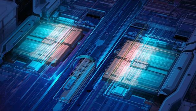 Futuristic server modules on parallel rails with neon cyan data streams and pcb circuitry