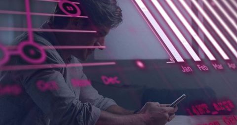 Man scrolling smartphone analyzing holographic monthly data dashboard with magenta light
