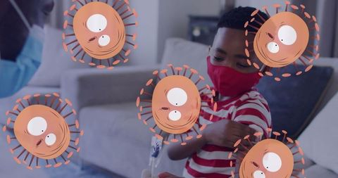 Child in Mask Receiving Vaccination with Virus Animation