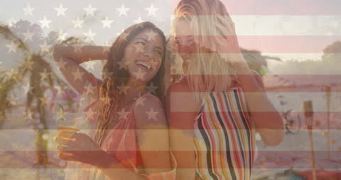 Joyful Friends Celebrating Beach Party with USA Flag Overlay