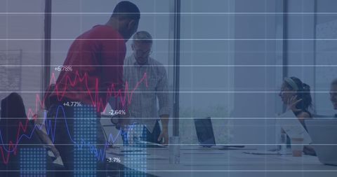 Business Team Analyzing Financial Data with a Global Interface Overlay