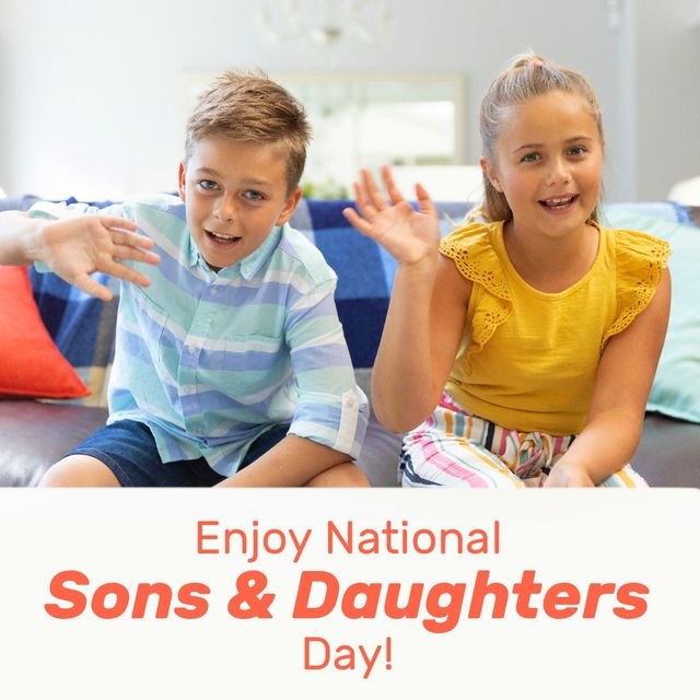 Portrait of happy caucasian siblings waving at home with enjoy national sons and daughters day text. Digital composite, celebration, family, togetherness, love.