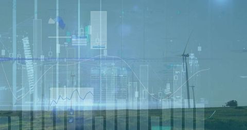 Wind Turbines with Financial Data Overälays Show Renewable Energy Growth