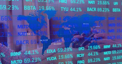 Global stock market data overlaying modern office scene with neon tickers and teamwork