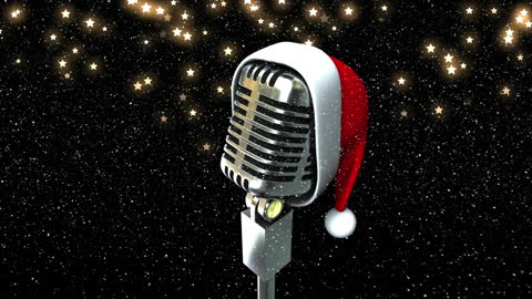 Vintage Microphone with Santa Hat Surrounded by Falling Snow