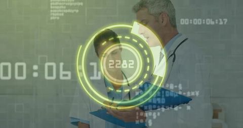 Medical Professionals Analyzing Data with Futuristic HUD Interface