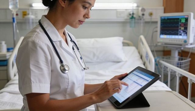 Female nurse using tablet at bedside reviewing electronic patient records and vitals