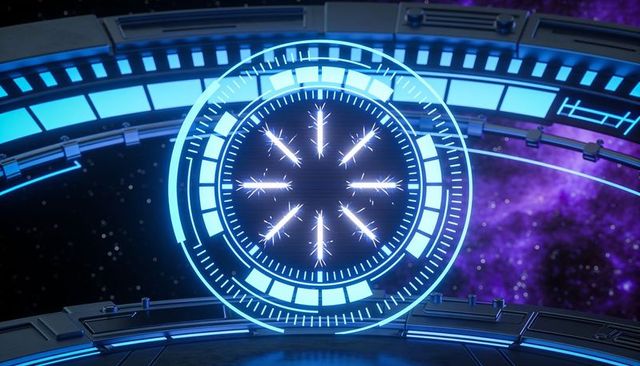 Projecting holographic circular hud with cyan rings in space station observation bay
