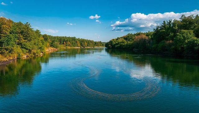 Tranquil river with circular eddy reflecting blue sky and lush forested banks serenity