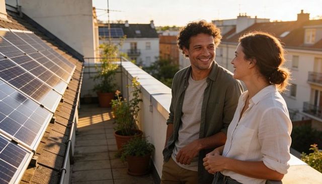 Couple enjoying rooftop solar panels at sunset sharing relaxed conversation
