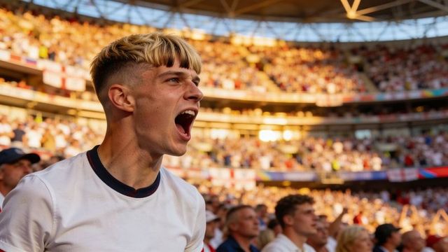Male fan shouting and cheering with england supporters in packed stadium at golden hour