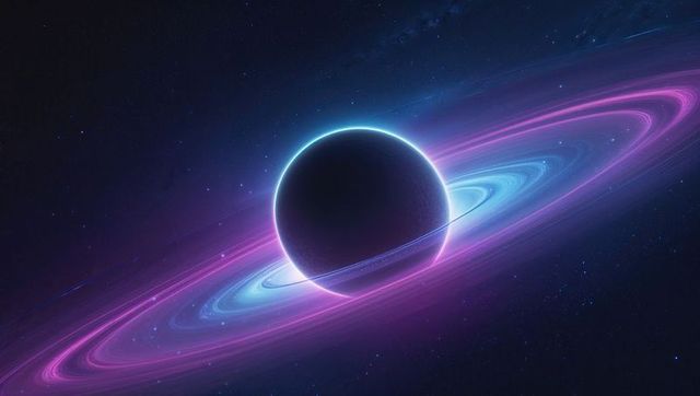 Glowing ringed planet in deep space with neon rings