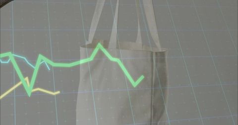 Beige canvas tote hanging with green-cyan-yellow line graph overlay on grid