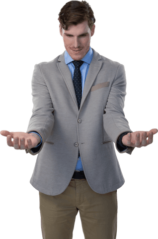Caucasian businessman with outstretched hands on transparent background