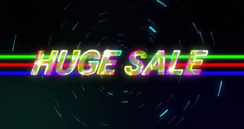Huge sale neon glitch text with dynamic swirling effects
