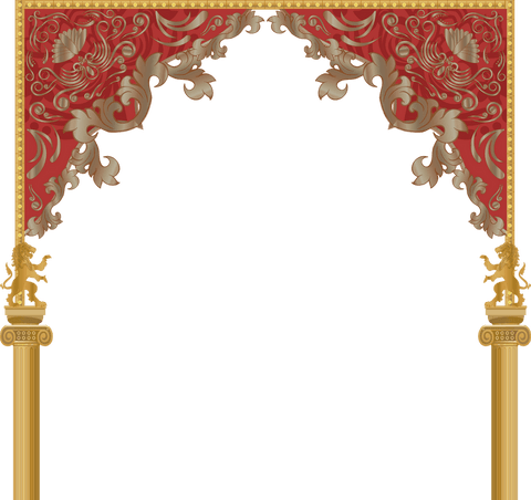 Baroque theatre frame with lions and red swag on transparent background