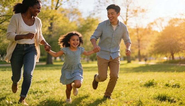 Parents running hand-in-hand with laughing daughter on sunlit grassy park during golden hour