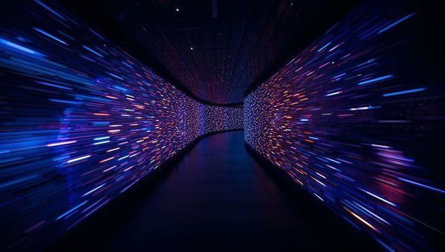Futuristic digital corridor with vibrant neon light streaks
