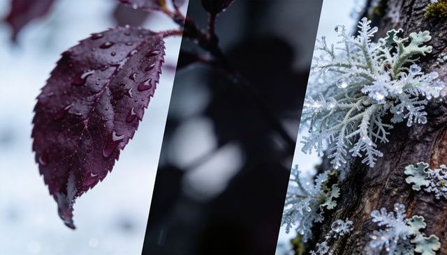 Botanical triptych showing dew-kissed purple leaf, moody branch, frost-laced lichen