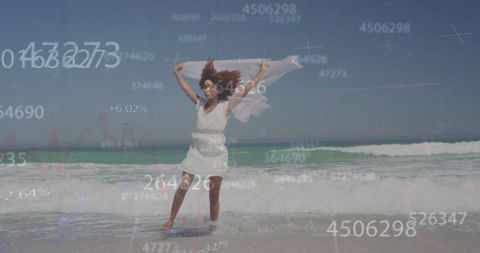 Woman Enjoys Beach Dance with Abstract Financial Data Overlay