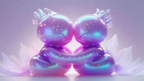 Iridescent creatures embracing with glowing heart halo