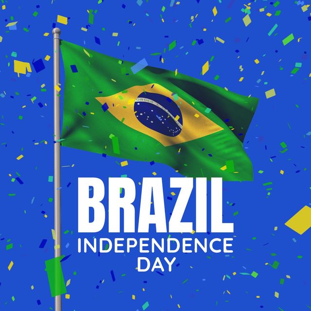 Illustration depicting Brazil's national flag waving amidst colorful confetti on a blue background, with text celebrating Independence Day. Perfect for holiday-themed promotions, social media posts, educational materials, and celebratory events showcasing Brazilian pride.