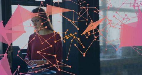 Businesswoman Working on Laptop with Futuristic Network Elements