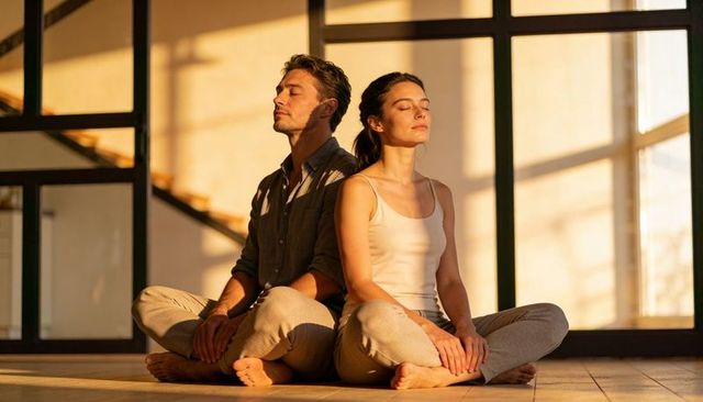 Sunlit couples meditating back-to-back on wooden floor embracing calm morning mindfulness