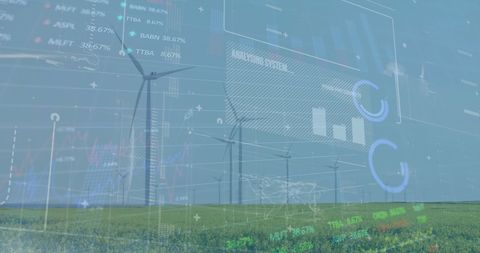 Financial Data Overlay on Wind Farm Symbolizing Green Economy