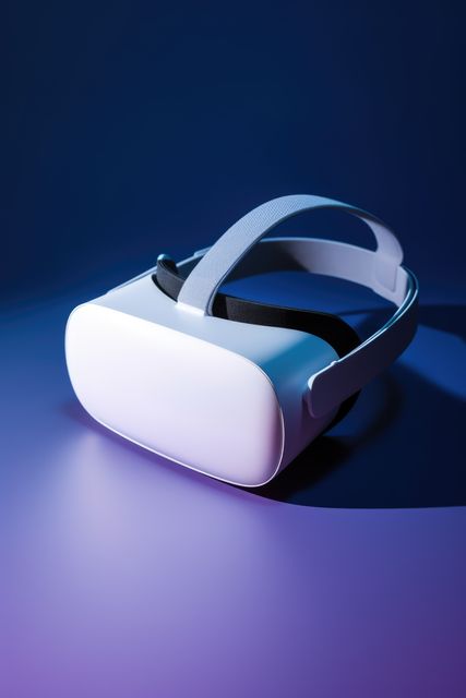 Contemporary VR headset presenting advanced, sleek aesthetics placed on purple and blue gradient backdrop. Useful for advertising, technology blogs, articles on innovations in gaming and immersive media, commercial catalogues, and educational tech focused presentations.