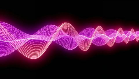 Neon waveform ribbons flowing in pink and purple luminous glow on black background