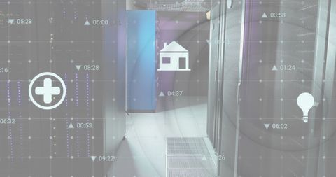 Digital Interface with Icons in Modern Server Room