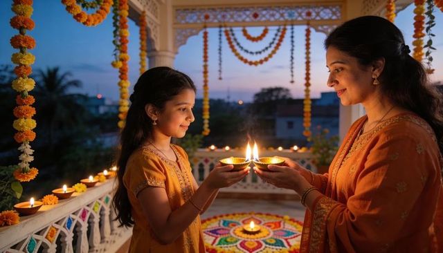 Mother and daughter lighting diyas at dusk celebrating festival with rangoli, marigold