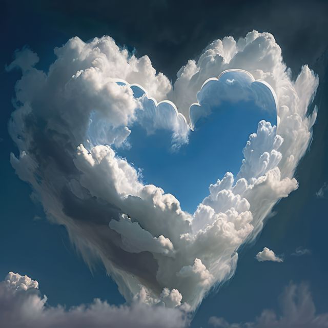 Heart shaped clouds in blue sky, created using generative ai technology. Heart, cloud, nature and love concept digitally generated image.