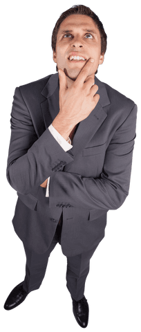 Transparent thoughtful businessman touching chin in consideration
