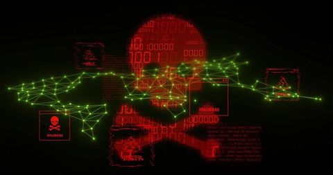 Red code skull looming over neon green network, malware icons spreading across cyber map