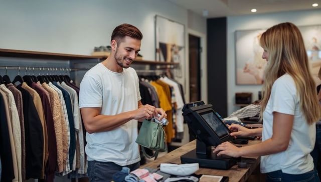 Smiling man paying with card at boutique checkout counter with green handbag and pos