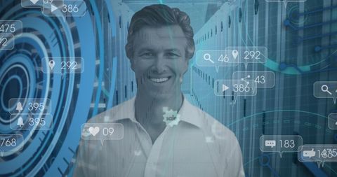 Smiling Businessman with Digital Data Overlay in Tech Environment