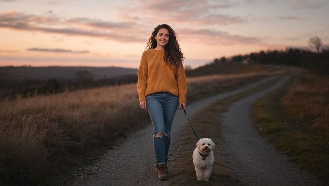 Woman walking small white dog at sunset on winding country path wearing mustard sweater