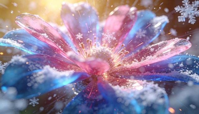 Glowing blue-pink daisy-like bloom with frost, crystal pollen and sparkling snowflakes