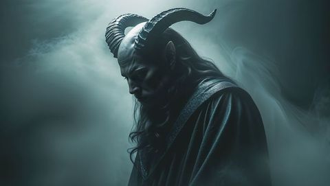 Dark satan with majestic horns in misty chamber