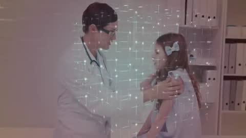 Pediatrician Examining Child with Digital Grid Overlay