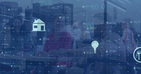 Digital Interface with Icon Overlay on Business Meeting