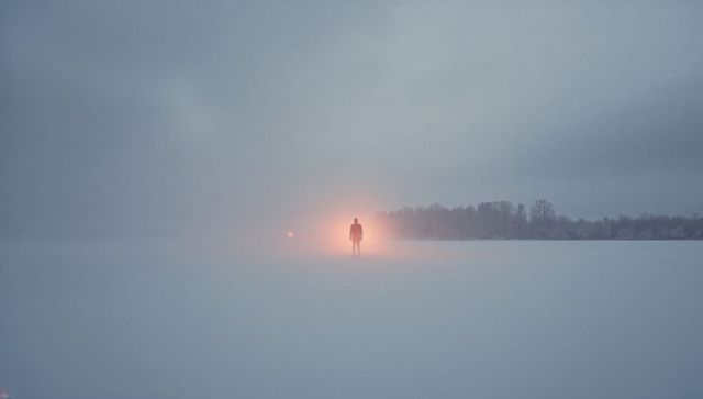 Silhouetted man gazing on snowplain in mist with warm backlight and lonely winter treeline
