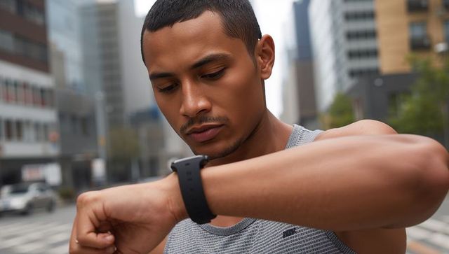 Hispanic man checking smartwatch at urban crosswalk showing focused training progress