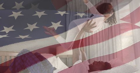 Father and Daughter Experiencing Joy with American Flag Overlay