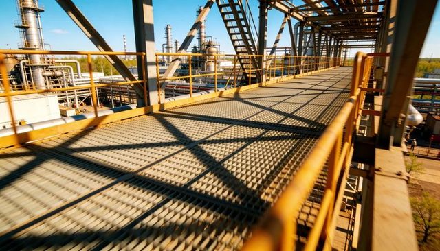 Metal catwalk stretching through petrochemical refinery with yellow handrails and piping